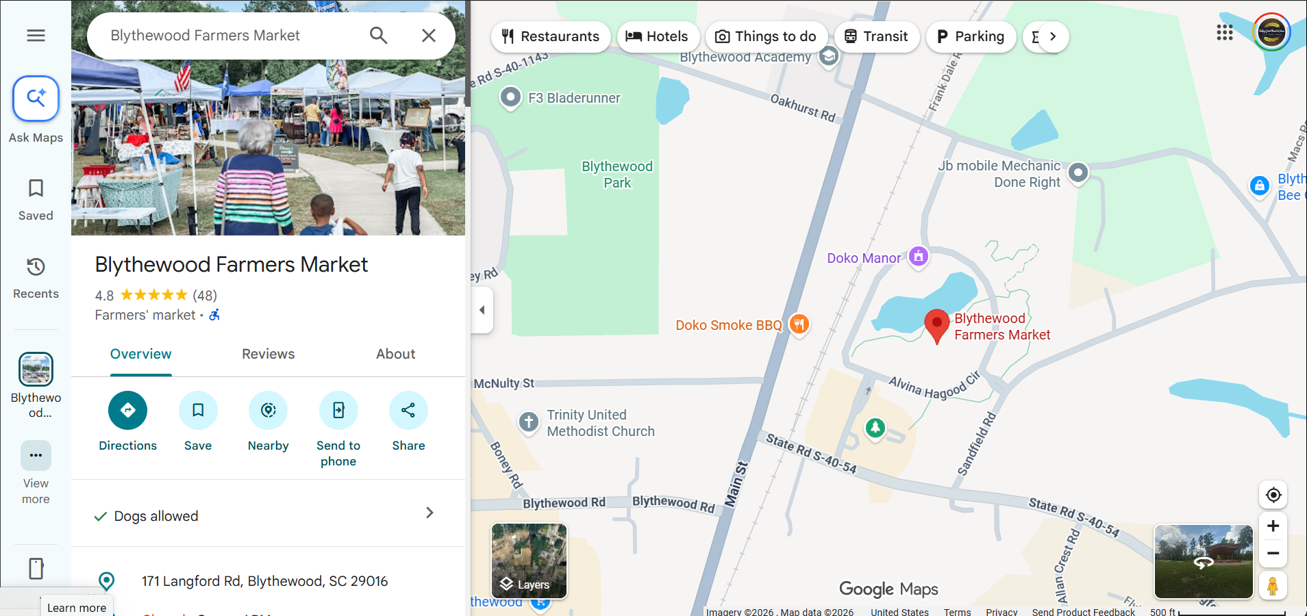 Google Maps listing and map for Blythewood Farmers Market